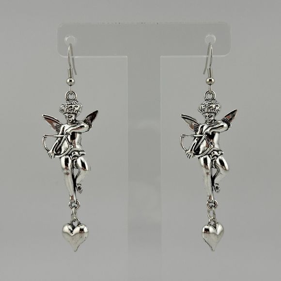 Cupid Angel Heart Dangle Charm Earrings Silver Tone 3" Long Valentine Love Shiny - Picture 1 of 6